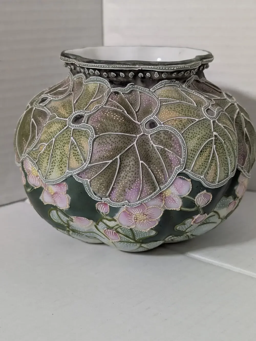 Antique Nippon Moriage Lobed Porcelain Vase Lotus Leaf Floral